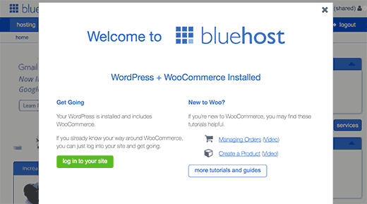 Bluehost login. WordPress + WooCoommerce quraşdırılıb